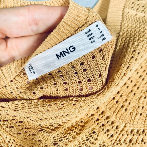 MNG Mango Crochet Top Womens S Mustard Yellow Knit Blouse Cottage - Picture 5 of 11
